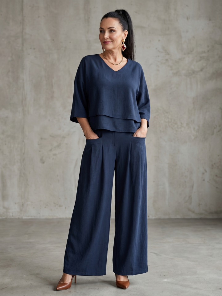 Phoebe - Smart Women's Linen Co-ord Set with V-Neck and Pleated Wide Leg Trousers