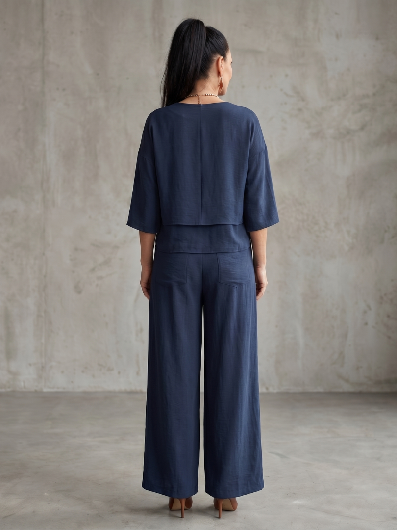 Phoebe - Smart Women's Linen Co-ord Set with V-Neck and Pleated Wide Leg Trousers