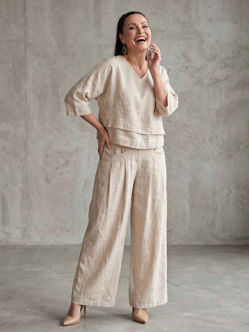 Phoebe - Smart Women's Linen Co-ord Set with V-Neck and Pleated Wide Leg Trousers