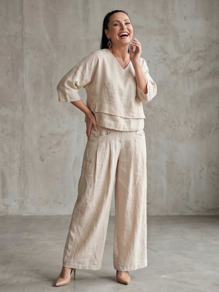 Phoebe - Smart Women's Linen Co-ord Set with V-Neck and Pleated Wide Leg Trousers