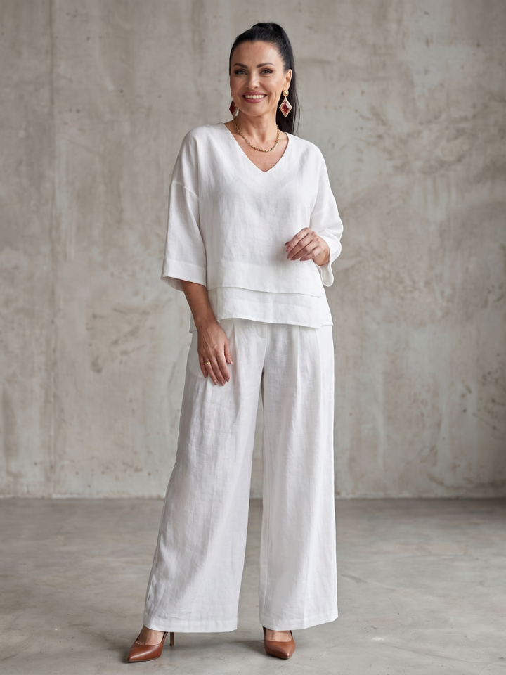 Phoebe - Smart Women's Linen Co-ord Set with V-Neck and Pleated Wide Leg Trousers