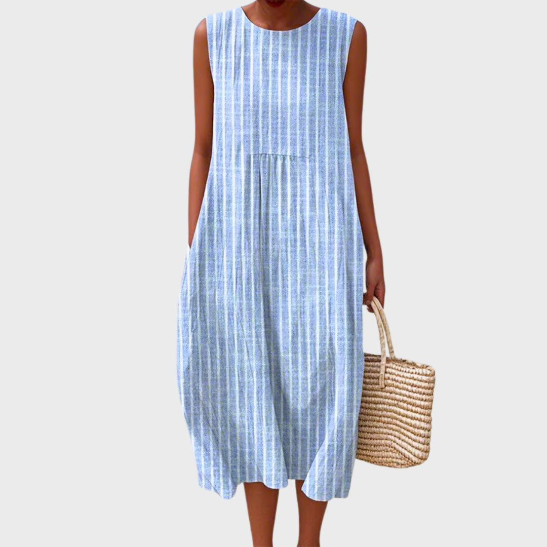 Pippa - Casual Women's Linen Dress with a Sleeveless Midi Silhouette and Pockets