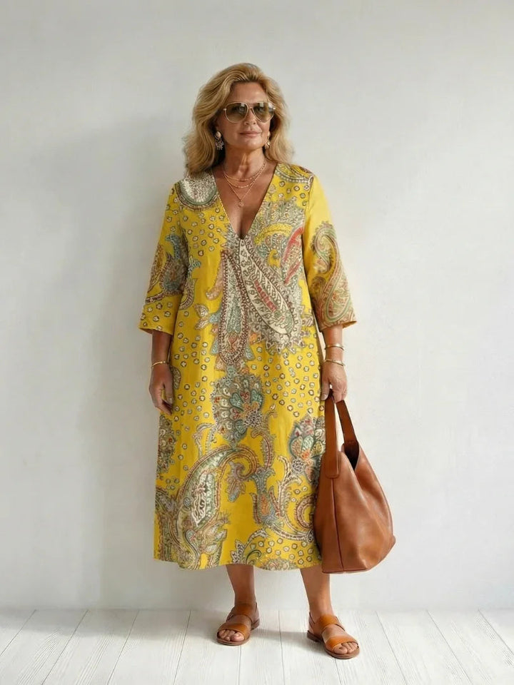 Poppy - Boho Plus Size Maxi Dress for Women with V-Neck and Three-Quarter Sleeves