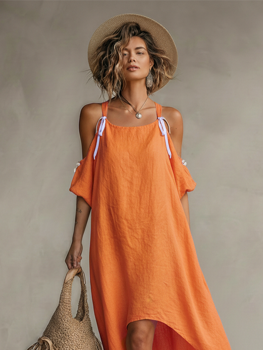 Poppy - Boho Women's Linen Dress with Cold Shoulder and High-Low Hem