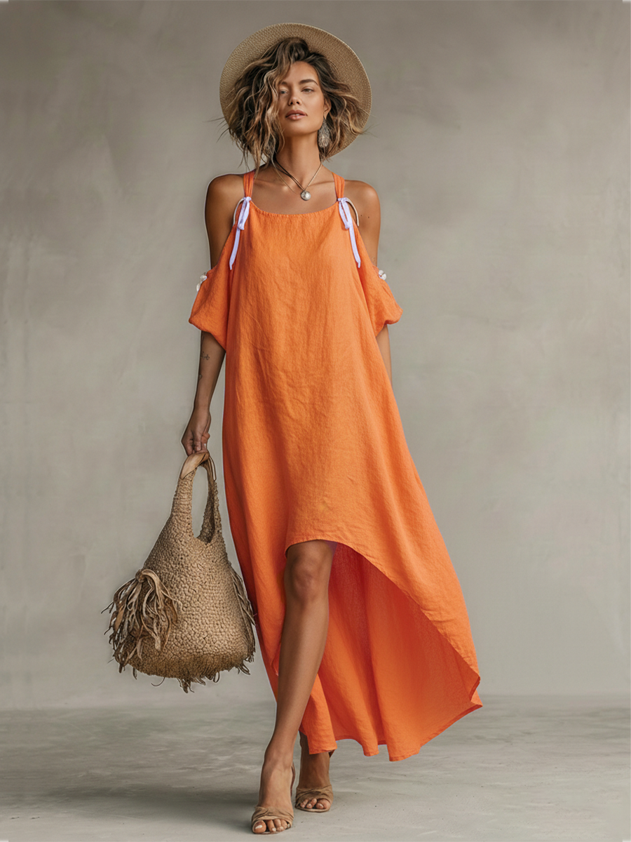 Poppy - Boho Women's Linen Dress with Cold Shoulder and High-Low Hem