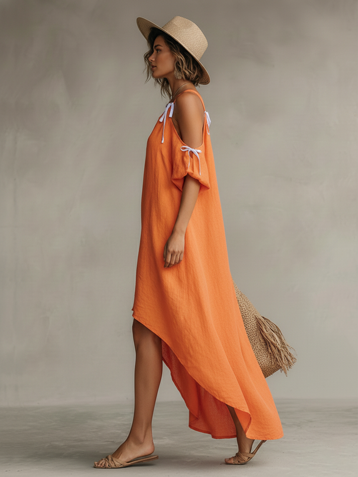 Poppy - Boho Women's Linen Dress with Cold Shoulder and High-Low Hem