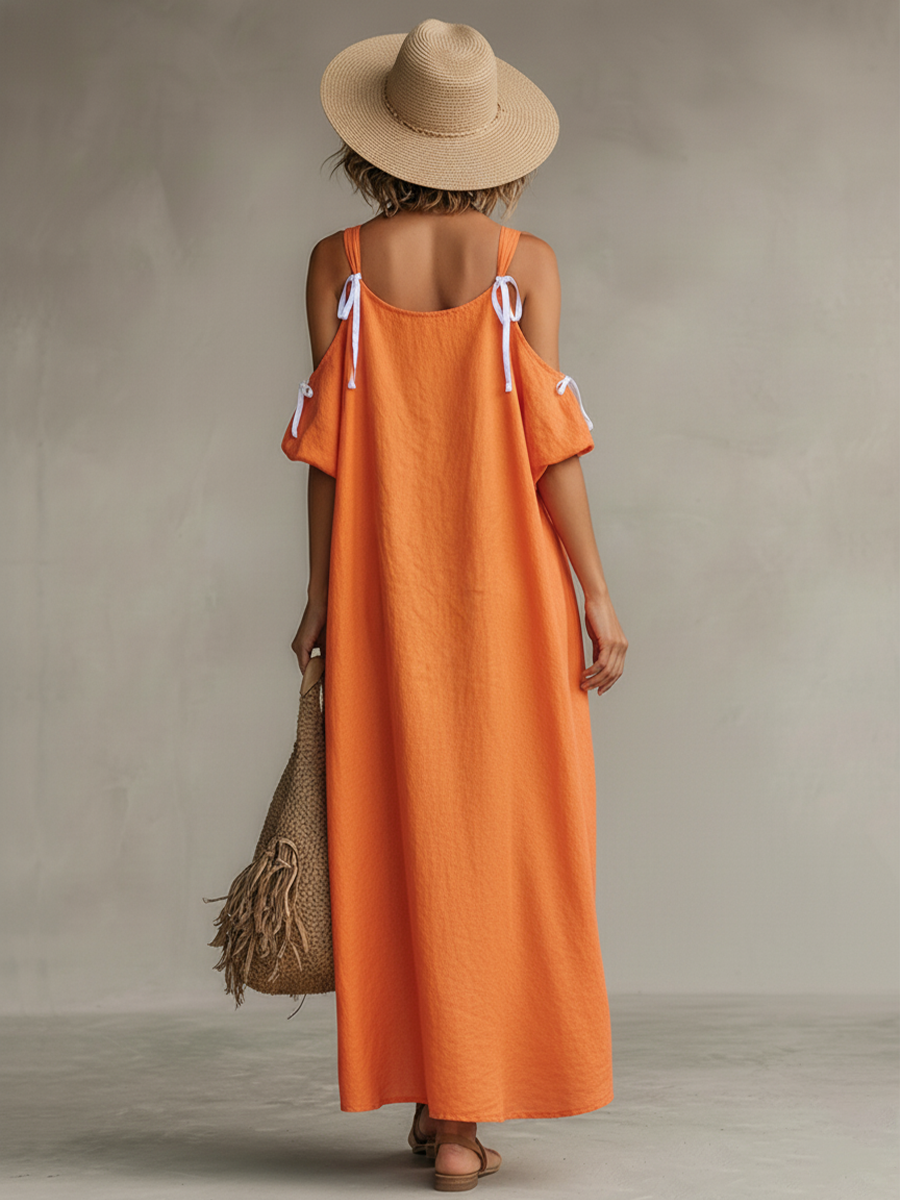Poppy - Boho Women's Linen Dress with Cold Shoulder and High-Low Hem