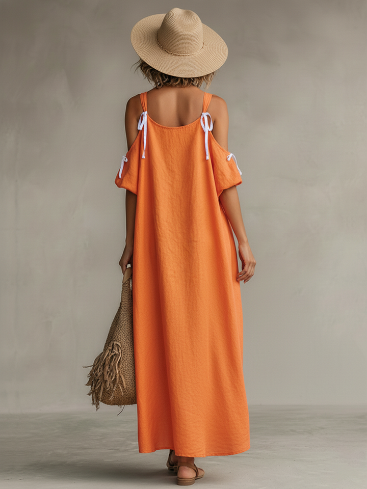 Poppy - Boho Women's Linen Dress with Cold Shoulder and High-Low Hem