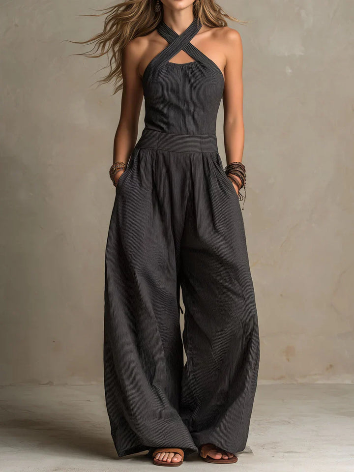 Poppy - Boho Women's Linen Jumpsuit with Criss Cross Halter Neck and Wide Leg