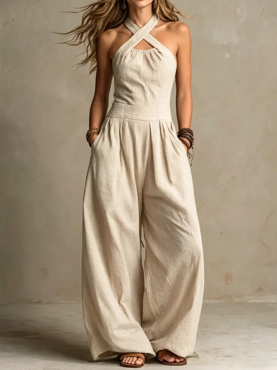 Poppy - Boho Women's Linen Jumpsuit with Criss Cross Halter Neck and Wide Leg