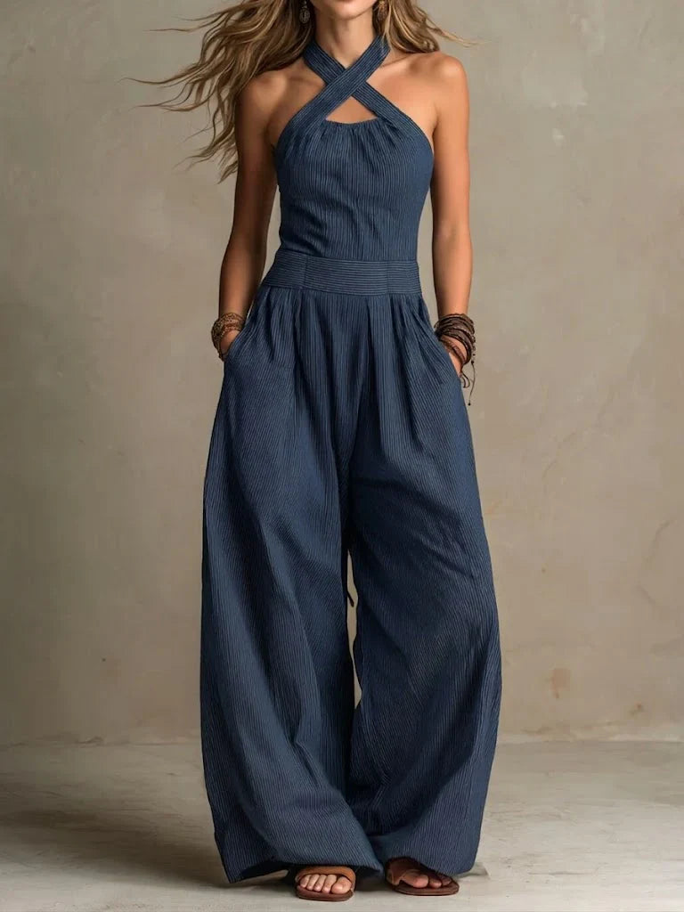 Poppy - Boho Women's Linen Jumpsuit with Criss Cross Halter Neck and Wide Leg