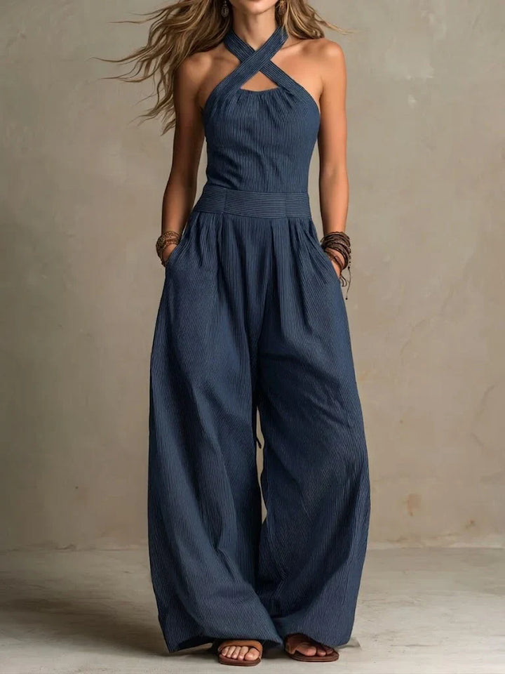 Poppy - Boho Women's Linen Jumpsuit with Criss Cross Halter Neck and Wide Leg