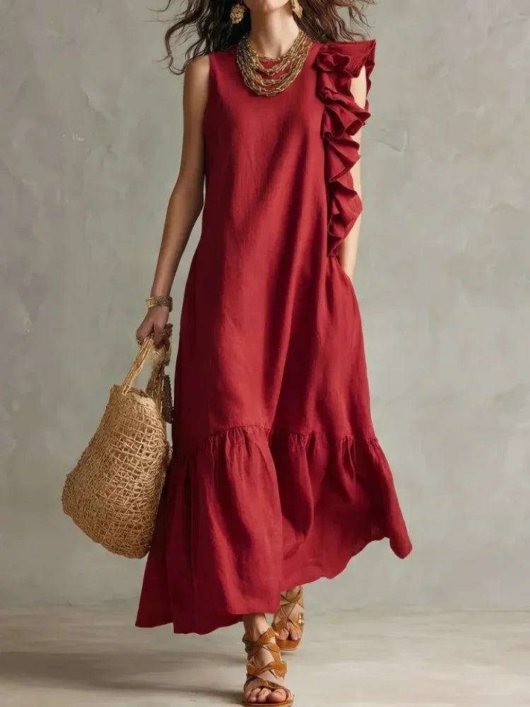 Poppy - Boho Women's Maxi Dress with Ruffle Trim and O-Neck