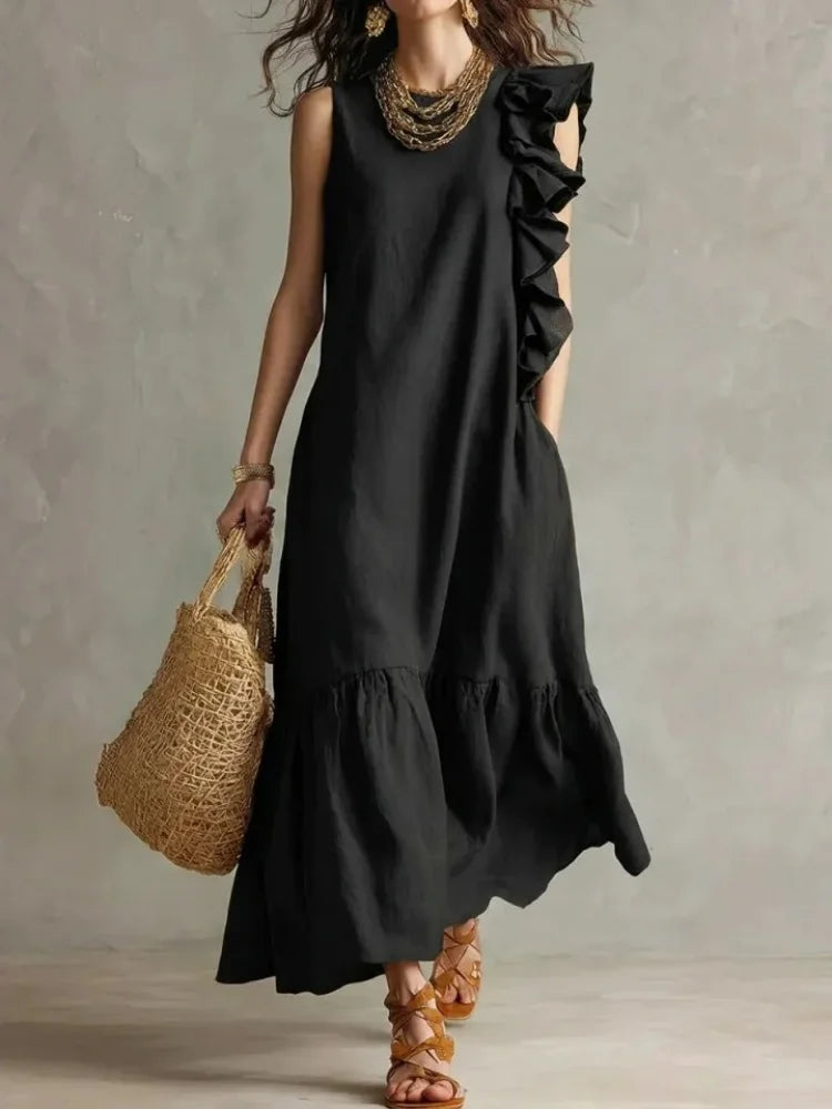 Poppy - Boho Women's Maxi Dress with Ruffle Trim and O-Neck
