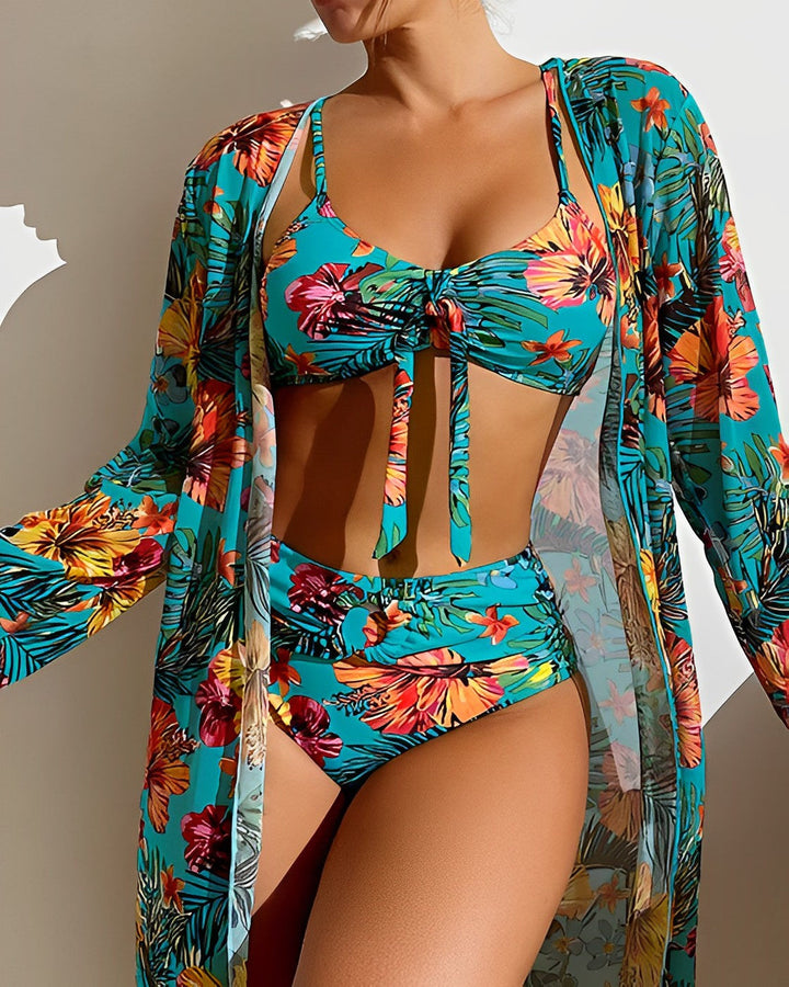 Poppy - Boho Women's Swimsuit Set with Tropical Print and Tie Front Bikini Top and Cover Up