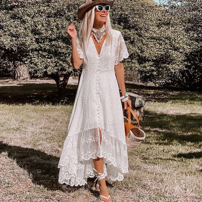 Poppy - Boho Women's Wedding Guest Maxi Dress with Flutter Sleeves and Button Front