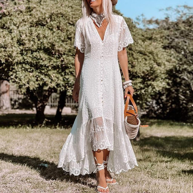 Poppy - Boho Women's Wedding Guest Maxi Dress with Flutter Sleeves and Button Front