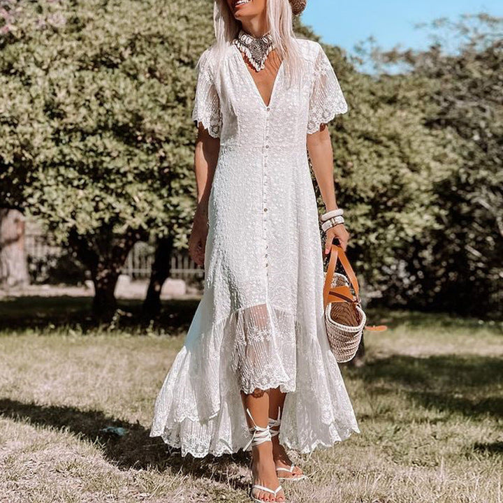Poppy - Boho Women's Wedding Guest Maxi Dress with Flutter Sleeves and Button Front