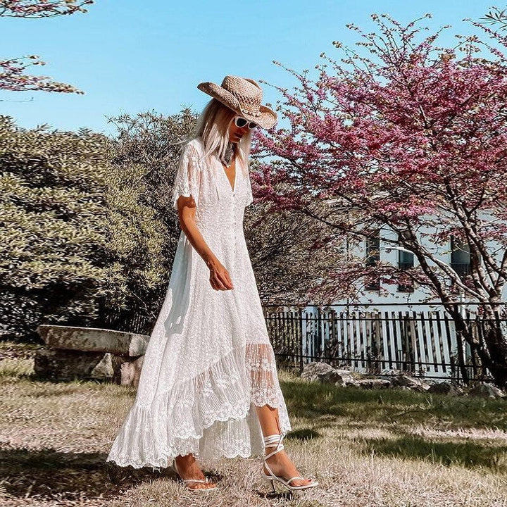 Poppy - Boho Women's Wedding Guest Maxi Dress with Flutter Sleeves and Button Front