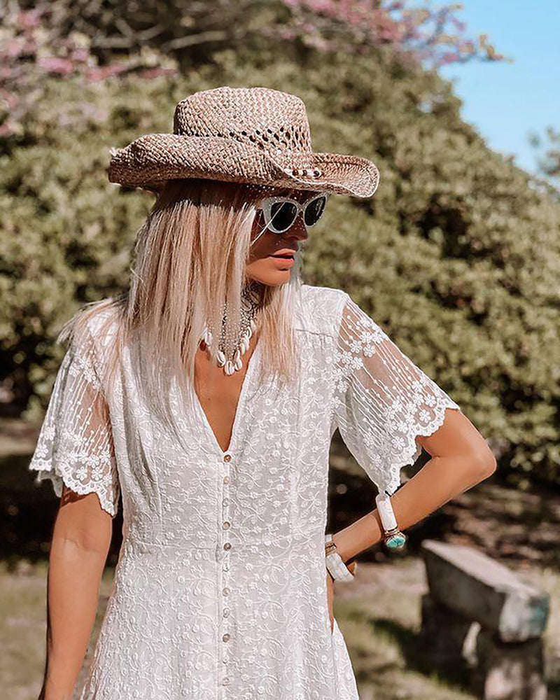 Poppy - Boho Women's Wedding Guest Maxi Dress with Flutter Sleeves and Button Front