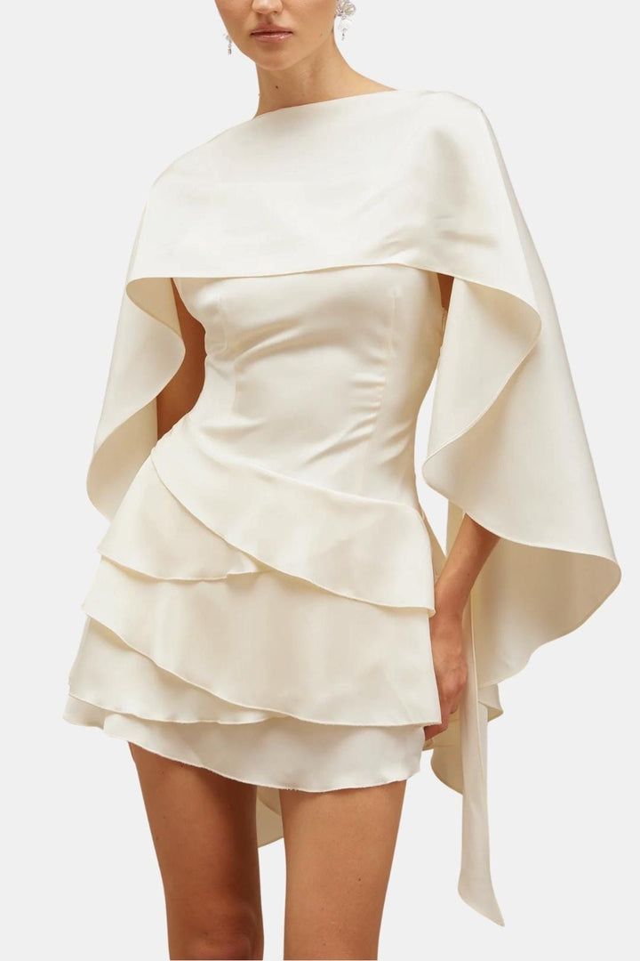 Poppy - Elegant Women's Mini Dress with Cape Overlay and Tiered Ruffle Skirt