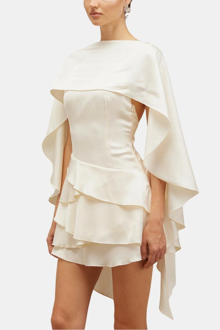 Poppy - Elegant Women's Mini Dress with Cape Overlay and Tiered Ruffle Skirt