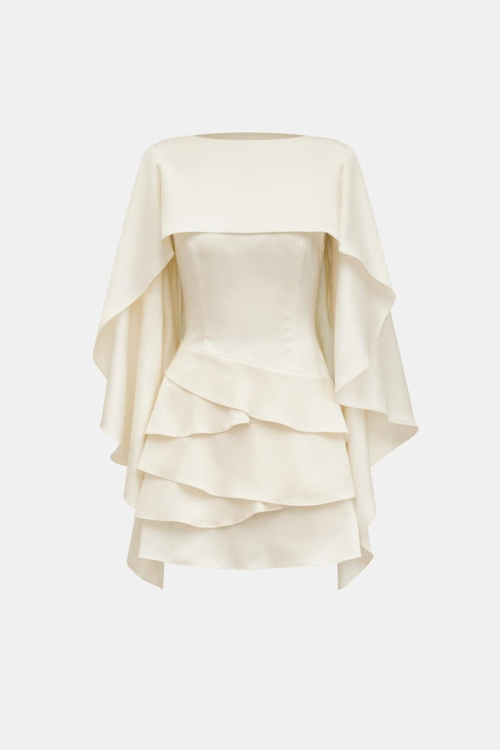 Poppy - Elegant Women's Mini Dress with Cape Overlay and Tiered Ruffle Skirt