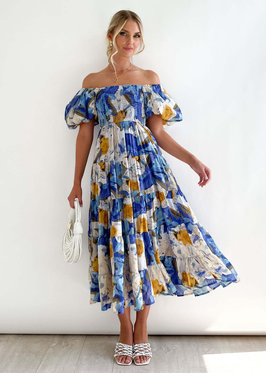 Poppy - Elegant Women's Wedding Guest Midi Dress with Off-Shoulder Neckline and Puff Sleeves