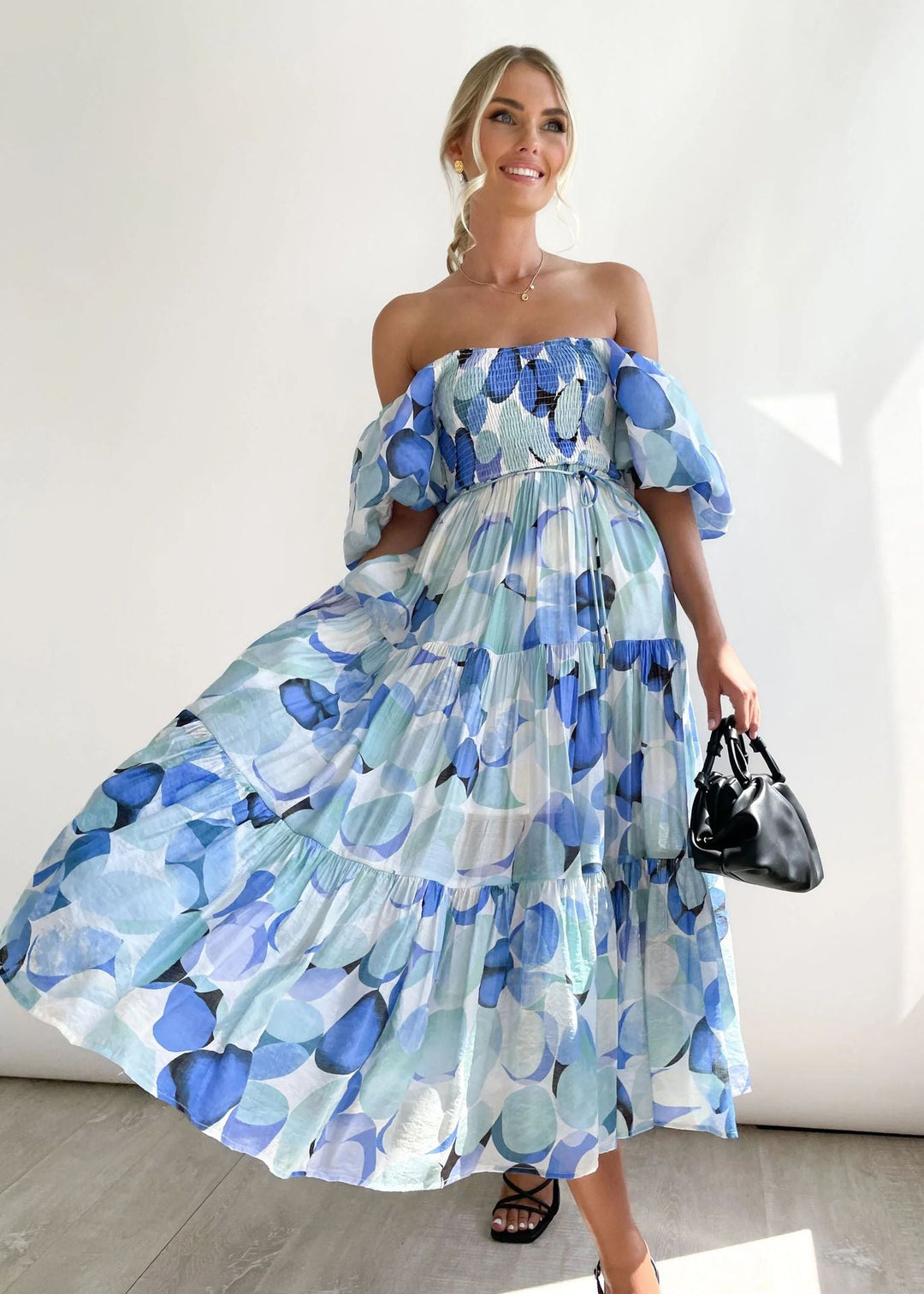 Poppy - Elegant Women's Wedding Guest Midi Dress with Off-Shoulder Neckline and Puff Sleeves