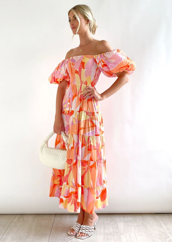 Poppy - Elegant Women's Wedding Guest Midi Dress with Off-Shoulder Neckline and Puff Sleeves