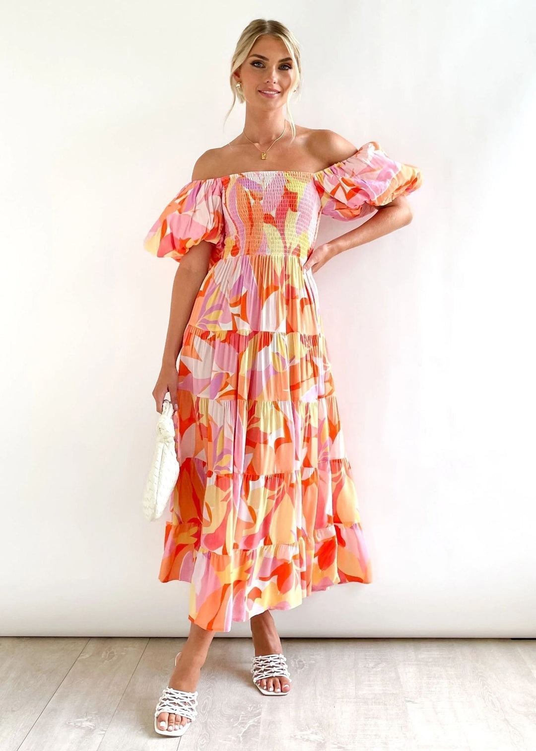 Poppy - Elegant Women's Wedding Guest Midi Dress with Off-Shoulder Neckline and Puff Sleeves