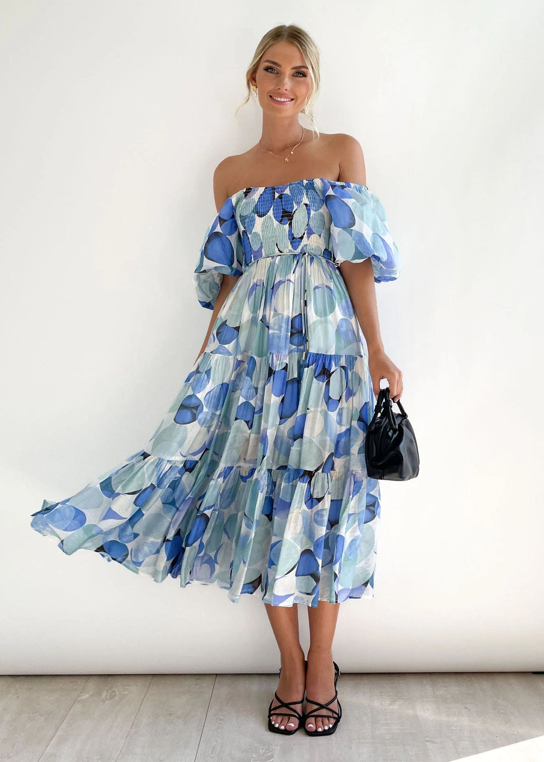 Poppy - Elegant Women's Wedding Guest Midi Dress with Off-Shoulder Neckline and Puff Sleeves