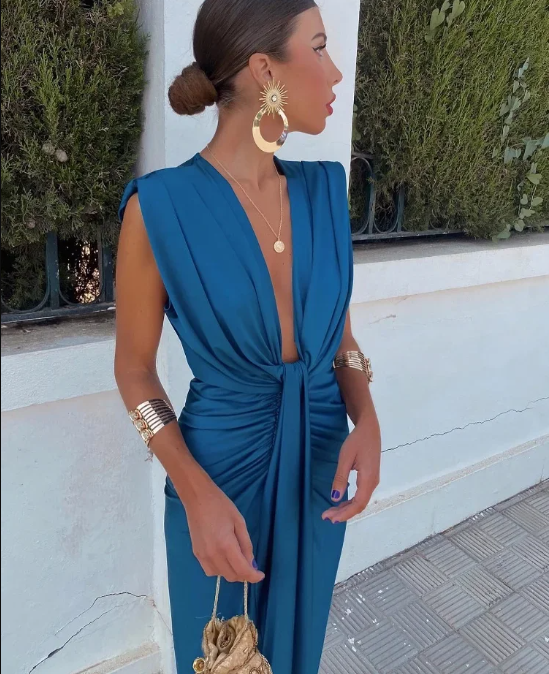 Poppy - Formal Women's Wedding Guest Midi Dress with Deep V Neck and Twist Knot Waist