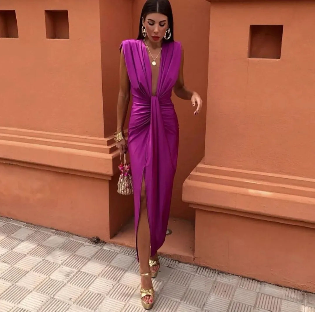 Poppy - Formal Women's Wedding Guest Midi Dress with Deep V Neck and Twist Knot Waist