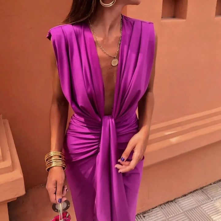 Poppy - Formal Women's Wedding Guest Midi Dress with Deep V Neck and Twist Knot Waist