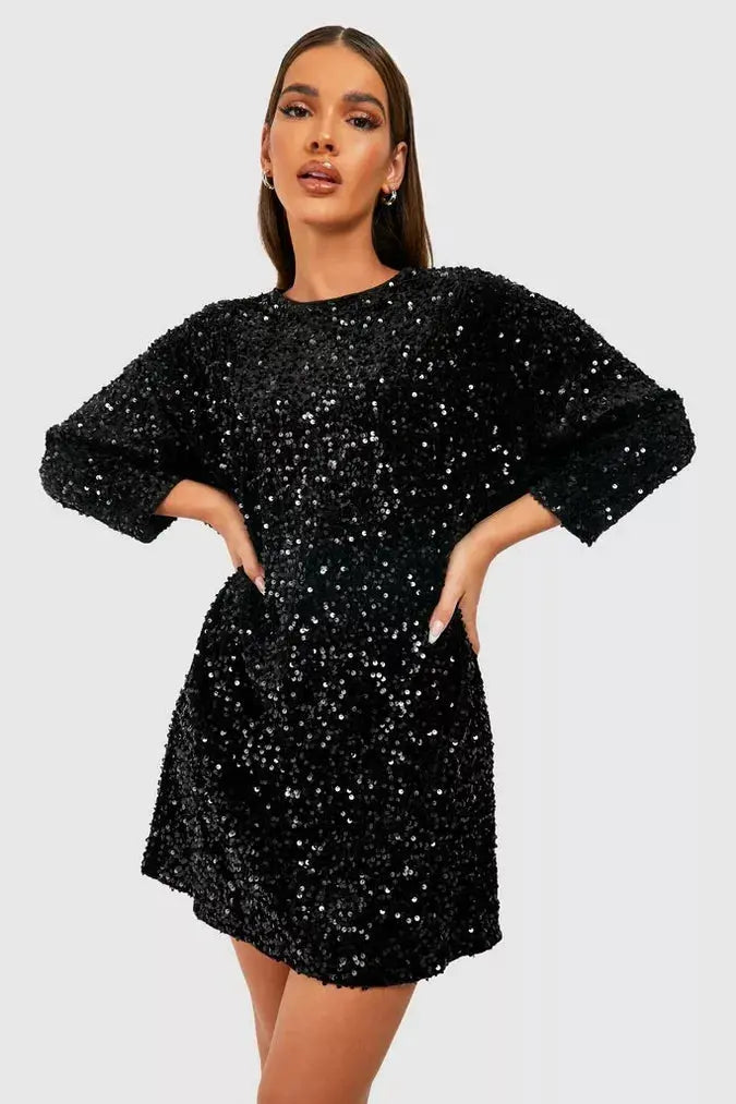 Poppy - Glam Women's Party Mini Dress with Long Sleeves and Flared Cuffs