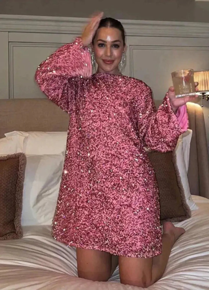 Poppy - Glam Women's Party Mini Dress with Long Sleeves and Flared Cuffs