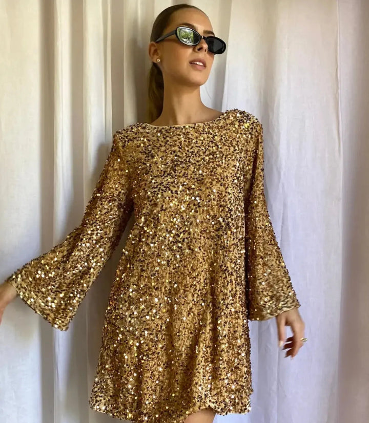 Poppy - Glam Women's Party Mini Dress with Long Sleeves and Flared Cuffs