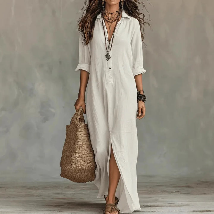 Poppy - Vintage Women's Linen Dress with Collared Neckline and Side Slit