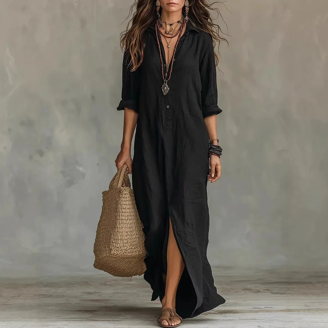 Poppy - Vintage Women's Linen Dress with Collared Neckline and Side Slit