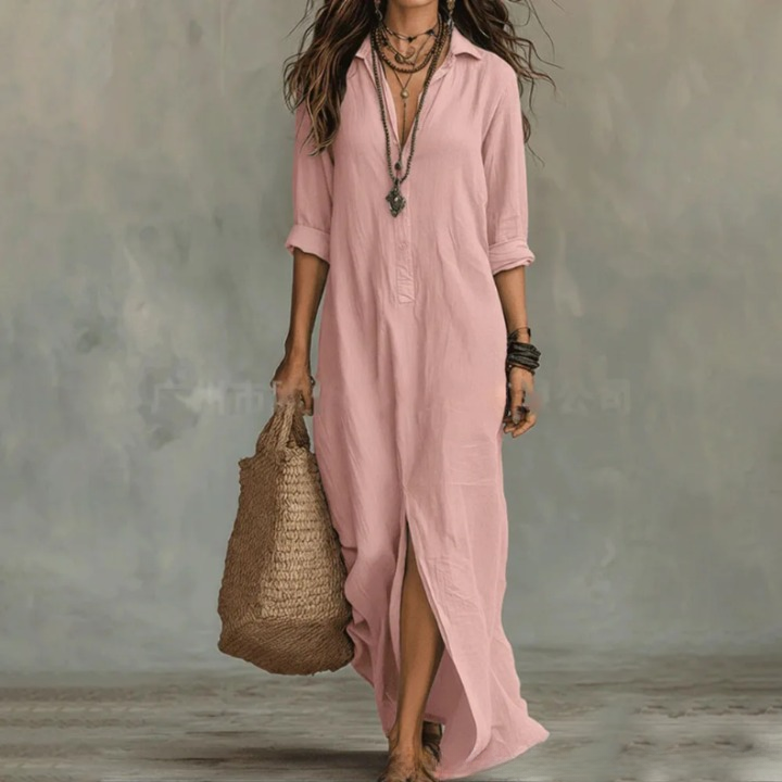 Poppy - Vintage Women's Linen Dress with Collared Neckline and Side Slit