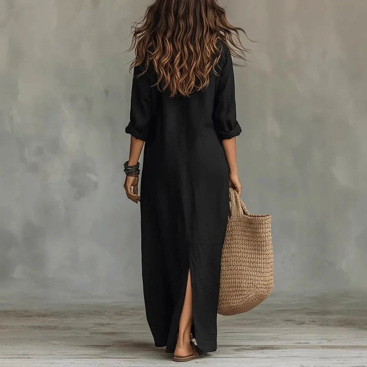 Poppy - Vintage Women's Linen Dress with Collared Neckline and Side Slit