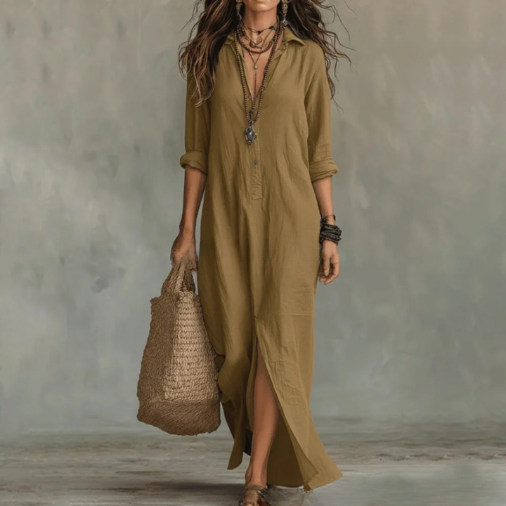 Poppy - Vintage Women's Linen Dress with Collared Neckline and Side Slit