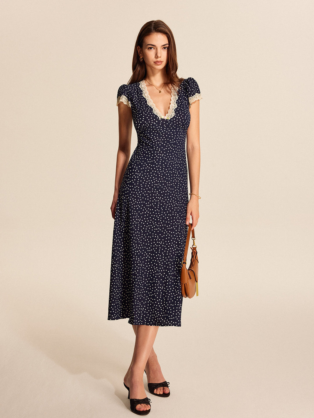 Poppy - Vintage Women's Midi Dress with Deep V-Neck and Lace Trim Detail