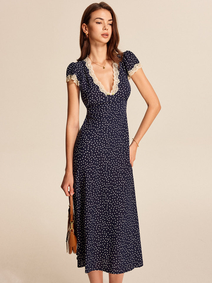 Poppy - Vintage Women's Midi Dress with Deep V-Neck and Lace Trim Detail
