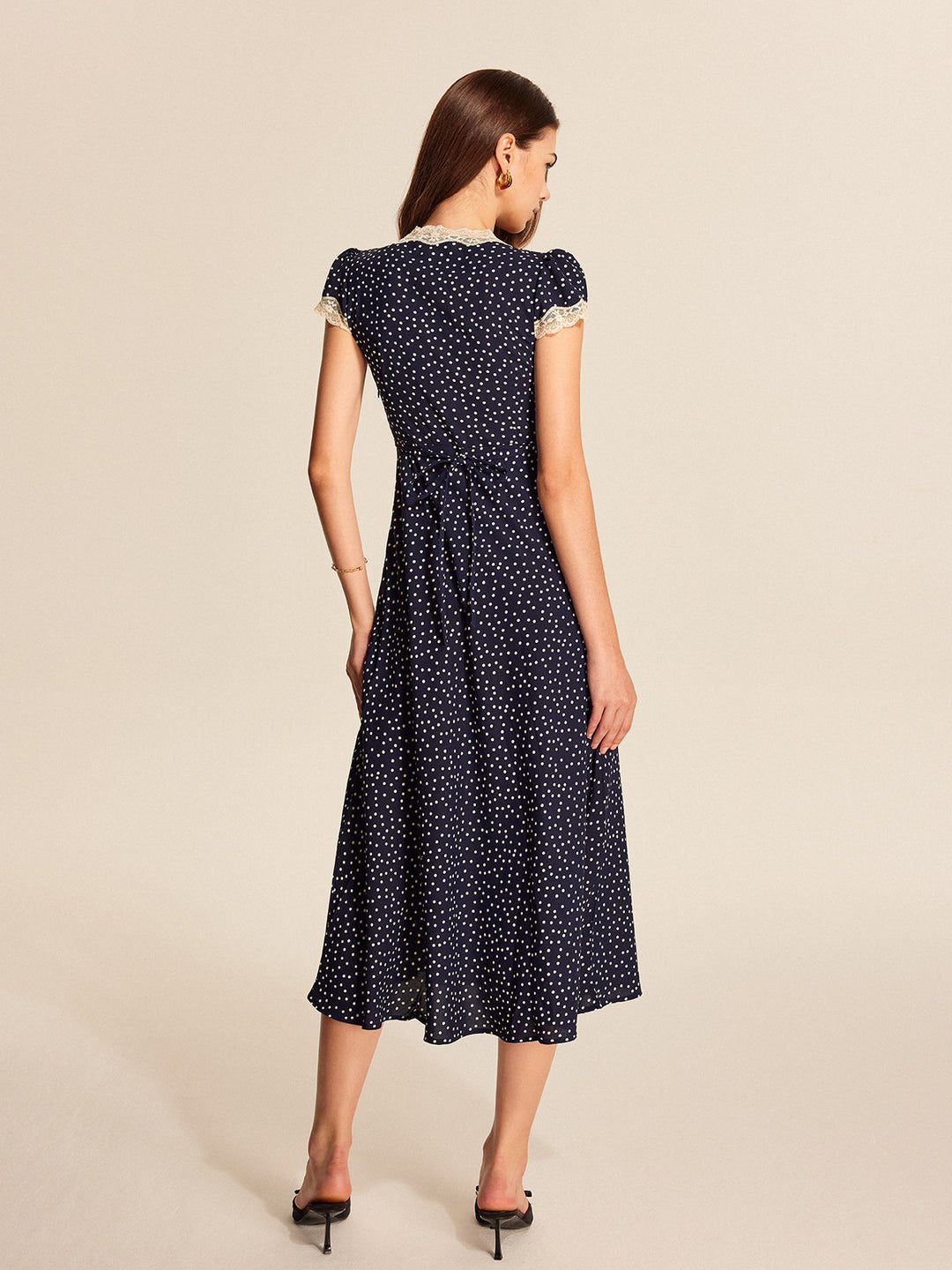 Poppy - Vintage Women's Midi Dress with Deep V-Neck and Lace Trim Detail