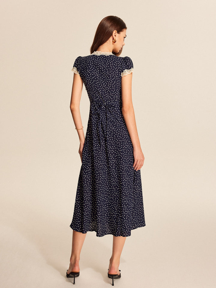 Poppy - Vintage Women's Midi Dress with Deep V-Neck and Lace Trim Detail