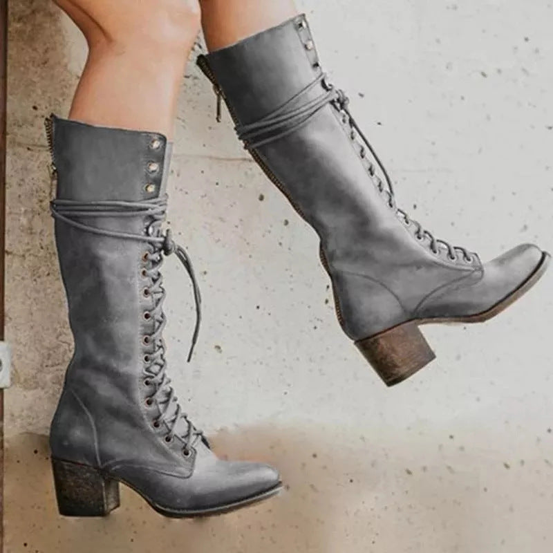 Poppy - Vintage Women's Orthopedic Knee High Boots with Lace Up Front and Block Heel