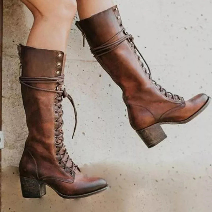 Poppy - Vintage Women's Orthopedic Knee High Boots with Lace Up Front and Block Heel