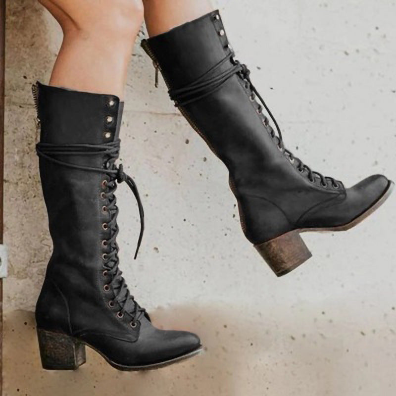 Poppy - Vintage Women's Orthopedic Knee High Boots with Lace Up Front and Block Heel